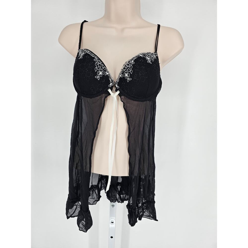 Vintage Y2K Inner Secrets Womens Sz M Open Front Babydoll Nightie Black Mesh